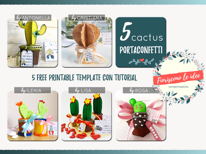 Raccolta creative cinque template per cinque cactus fai da te diversi con scatola portaconfetti.